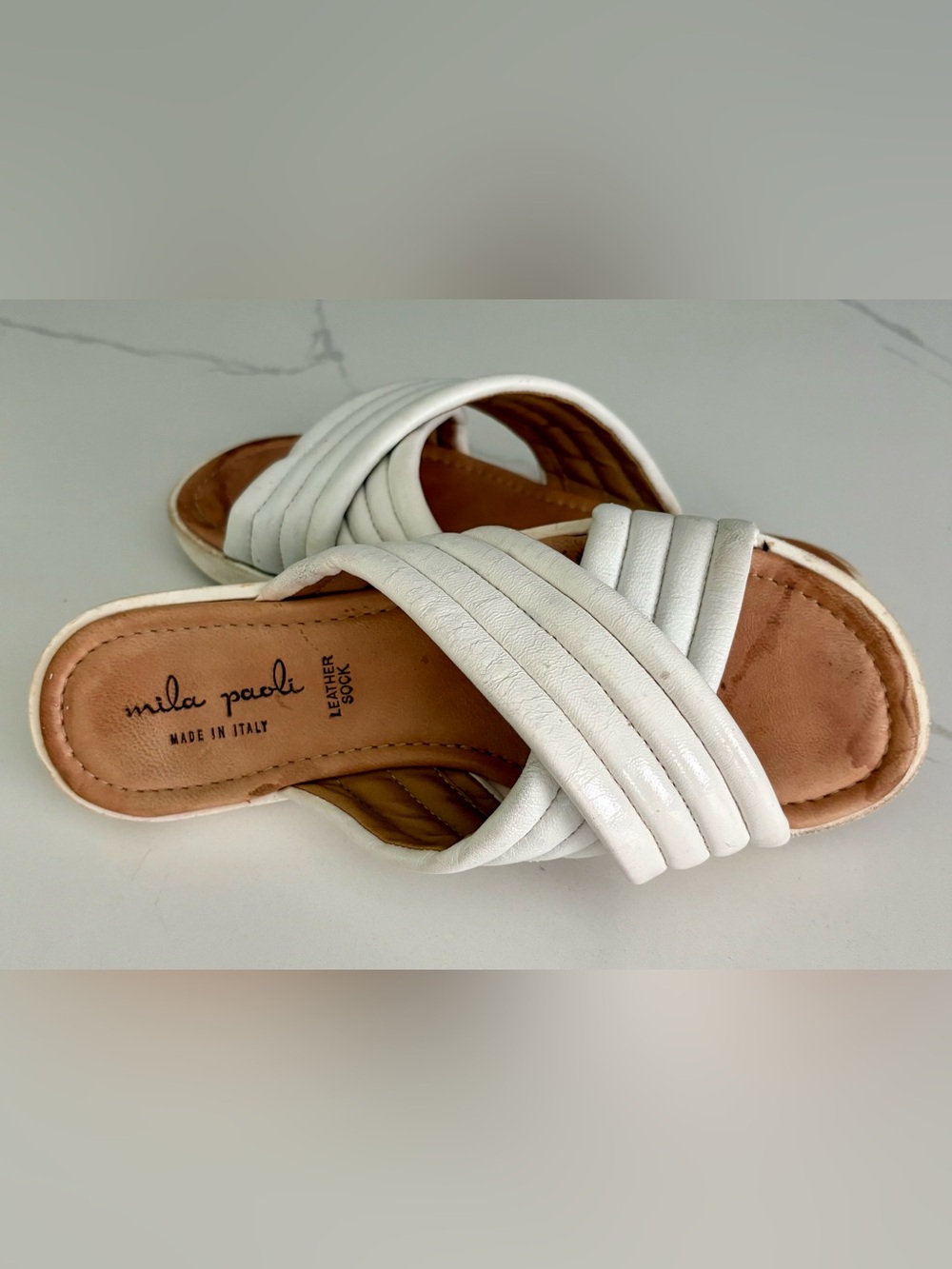 Mila Paoli White Leather Crisscross Slide Sandals — Made in Italy